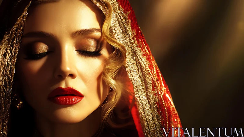 Golden light frames serene woman in red jeweled veil