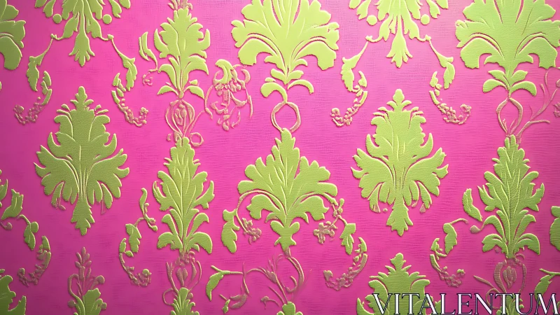 Bold lime damask blooms across vibrant pink wallpaper.