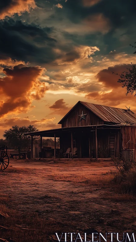 Rustic wooden farmhouse glows beneath dramatic sunset sky.