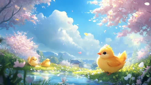Springtime chicks explore a dreamy cherry blossom meadow.