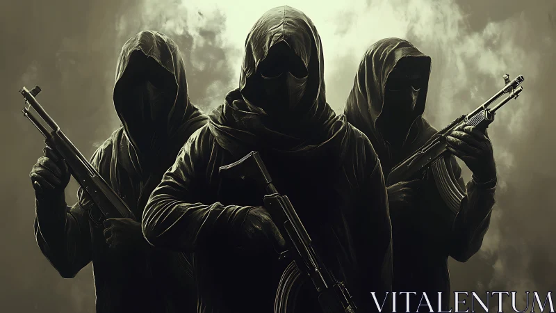 Hooded gunmen stand in smoky backlit formation holding rifles