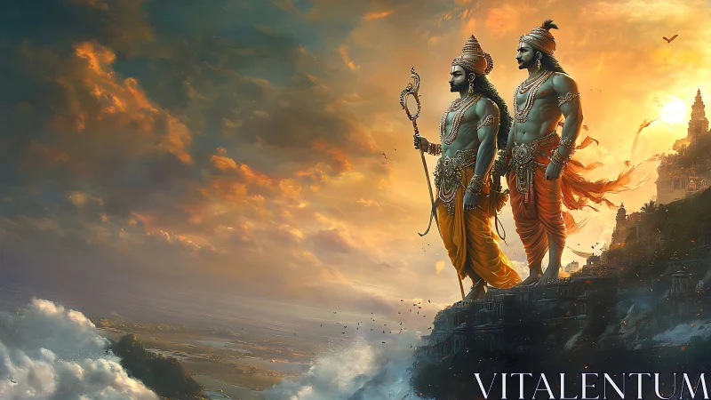 Two mythic male figures stand on cliff before lit horizon