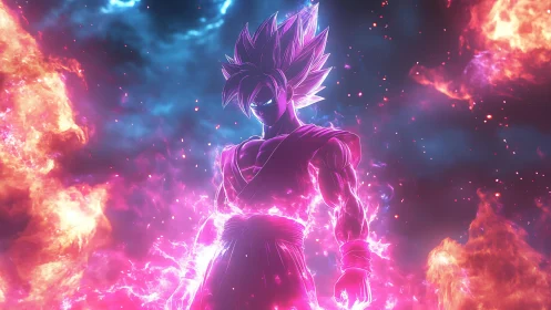 Cosmic warrior blazing with neon fire and quiet resolve.