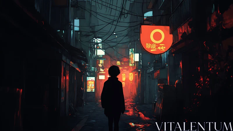 Solitary silhouette in neon drenched cyberpunk alleyway at night.