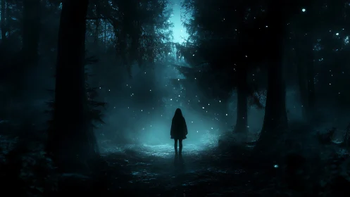 Lone cloaked figure advances through bioluminescent night forest