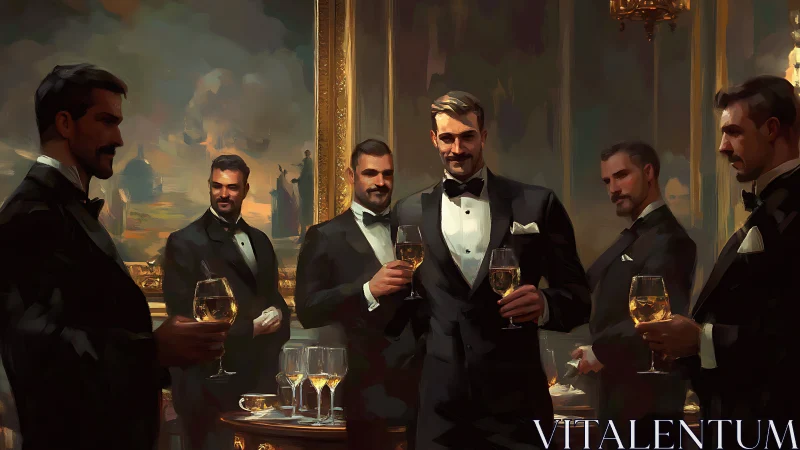 Elegant tuxedoed gentlemen in oil-like digital painting composition