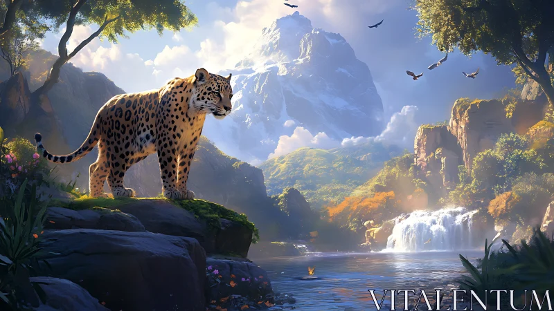 Majestic Leopard Gazes Over Enchanted Mountain Valley