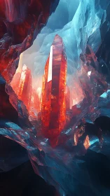 Digital painting of crystalline cavern with glowing red spires.
