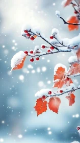 Snow-dusted red berries and autumn leaves glow against winter sky.