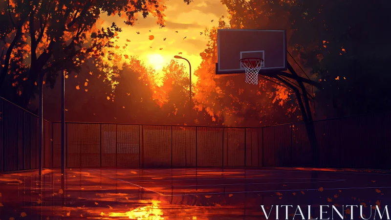Sunlit autumn basketball court glows in golden evening light.