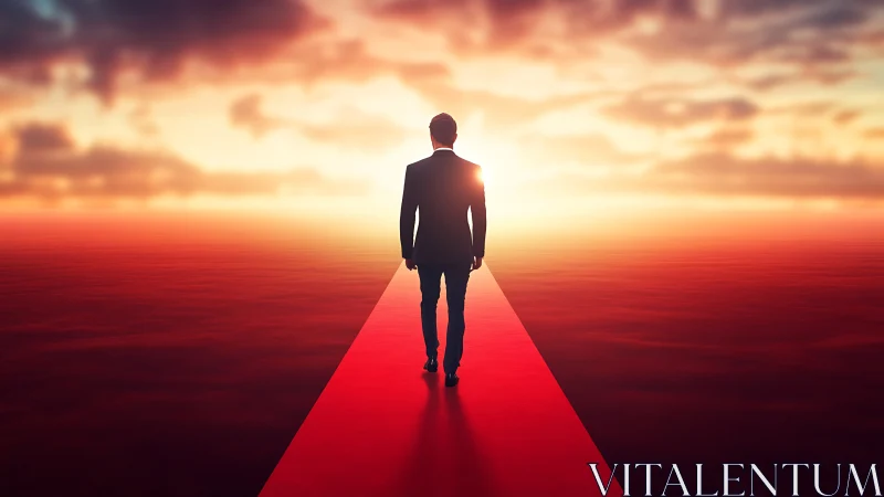 Businessman Walking Red Carpet at Sunrise.