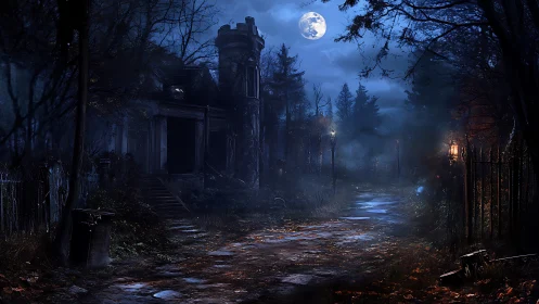 Moonlit forest lane winds past a lonely, weathered manor