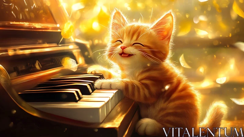 Orange kitten positioned at piano keyboard in golden atmospheric setting