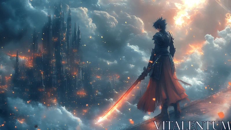 Armored warrior facing fiery sky castle in clouds.