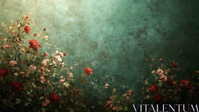 Midnight garden roses leaning into a teal dreamscape wall.