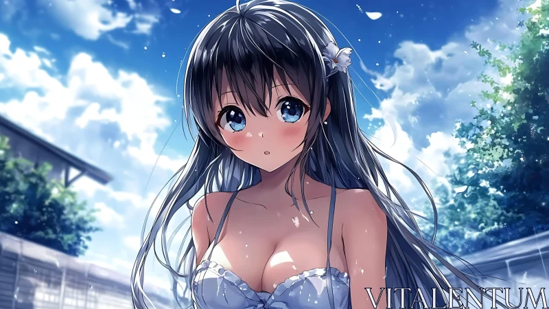 Anime poolside portrait with luminous summer backlighting.