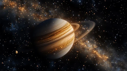 Gas giant with ring system in dense star field depiction.