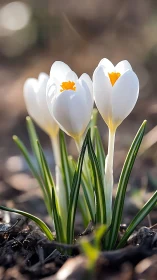 White Crocuses with Golden Stamens Bloom in Spring.