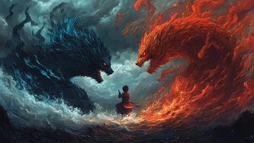 Elemental beast clash surrounding lone warrior in stormscape.