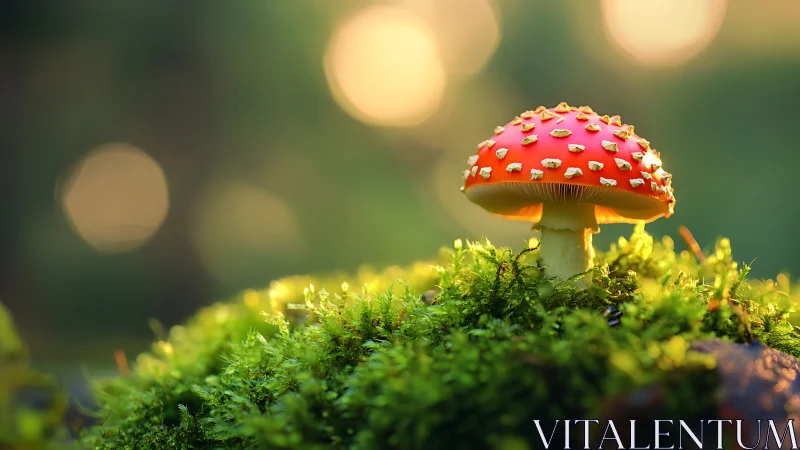 Macro study of red amanita mushroom on luminous moss bed.