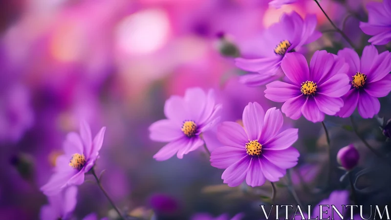 Vibrant Purple Cosmos Flowers Bathed in Warm Golden Light