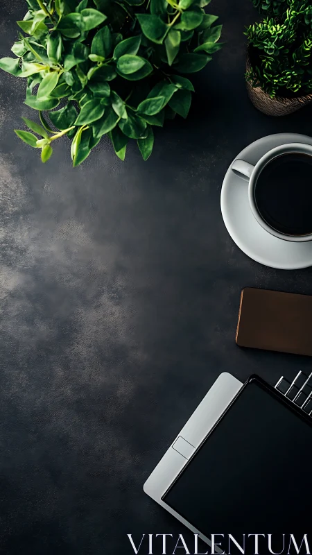 Top-down workspace with tablet, coffee, foliage and phone.