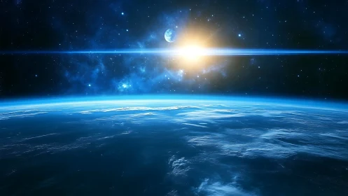 Solar halo over blue Earth, dawn skating across infinity.