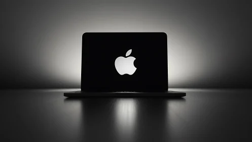 Glow of a laptop logo in a calm, shadowy workspace scene.