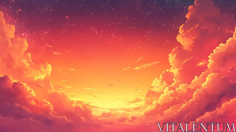 Radiant sunset sky paints towering clouds in vivid gradients