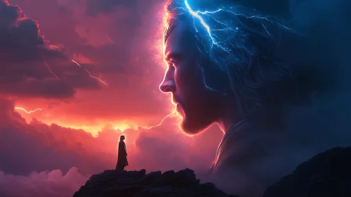 Silhouetted figure facing large luminous profile in clouds.