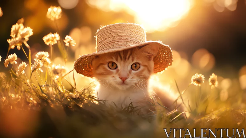 Orange Tabby Cat in Straw Hat Among Daisies at Golden Hour.
