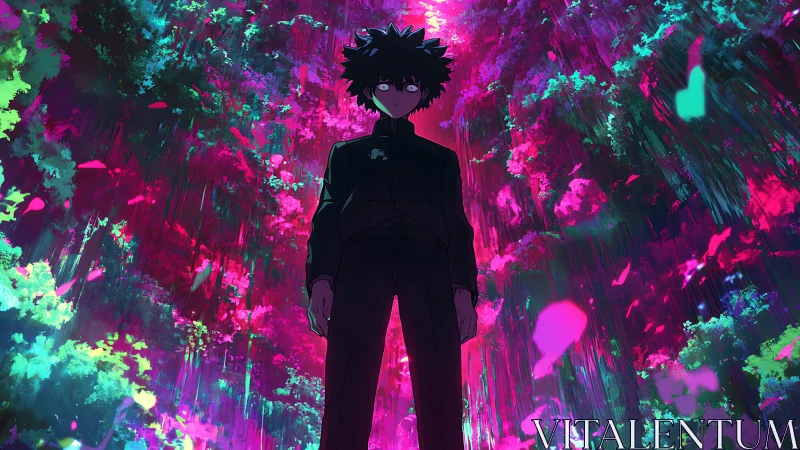 Psychedelic forest engulfs stoic anime boy in neon storm.