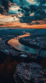 River bend cityscape under dramatic teal-orange sunset sky.