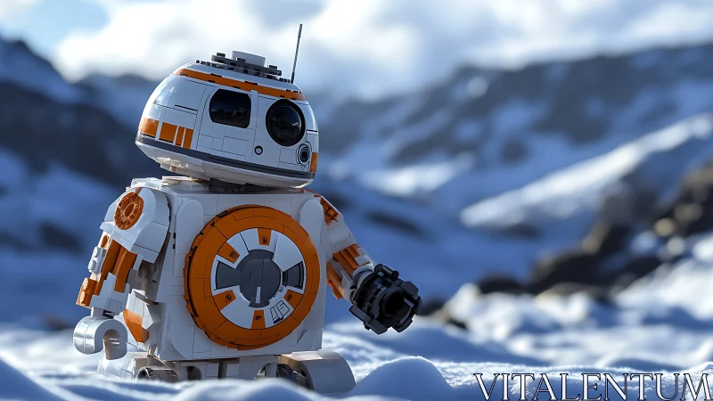 Lego-style orange droid explores a bright snowy mountain