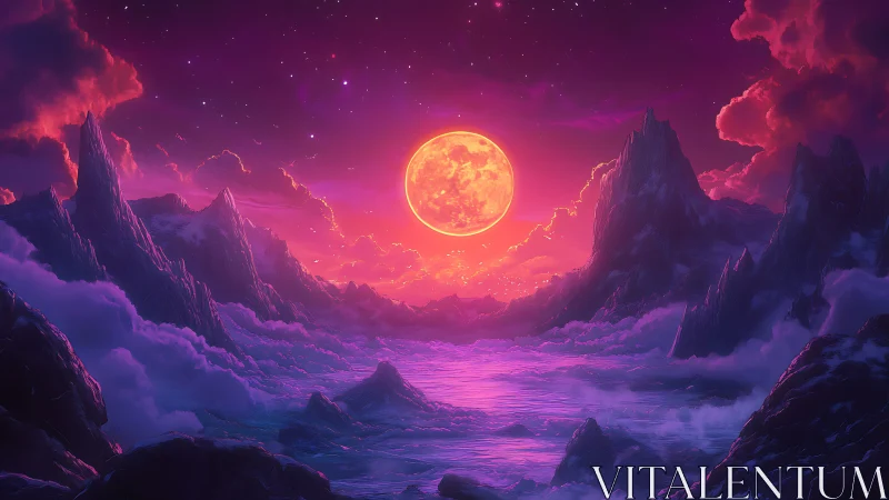Vivid alien seascape under luminous magenta moon.
