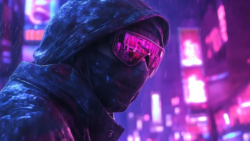Hooded cyber-operative in neon-saturated rainy streetscape.