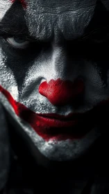 Intense clown close-up under moody cinematic lighting.