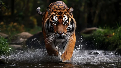 Riverstorm hunter tiger strides through silver splashes.