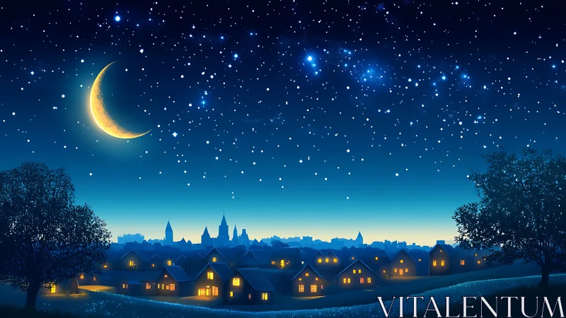 Crescent moon above illuminated village under dense star field