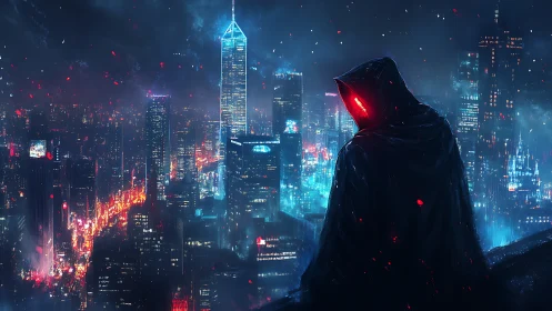 Hooded watcher cloaks neon city in quiet, electric dread