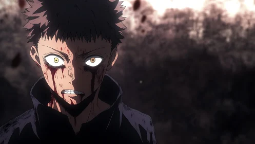 Bloody anime fighter glares through smoky battlefield shadows.