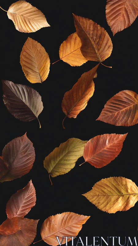 Orthogonal array of autumn beech leaves on void-black field.