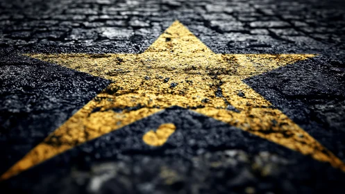 Golden street star shines over dark wet cobblestone road