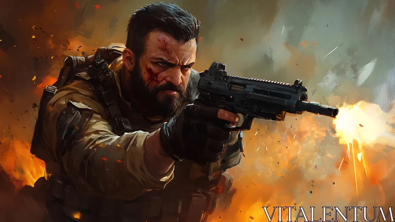 Battle-hardened soldier firing pistol in fiery combat scene.