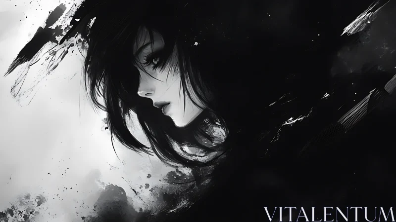 Monochrome anime portrait with expressive ink abstraction.