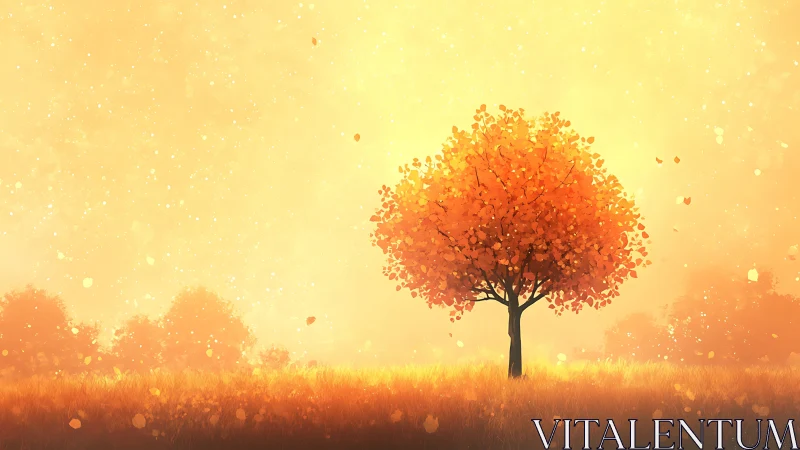 Solitary autumn tree glows within golden sunrise field.