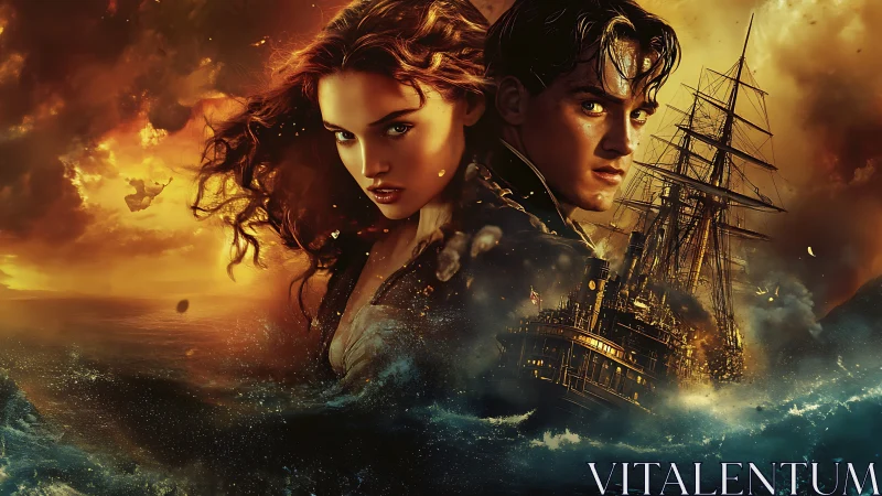 Cinematic digital painting of storm-tossed lovers and ships.