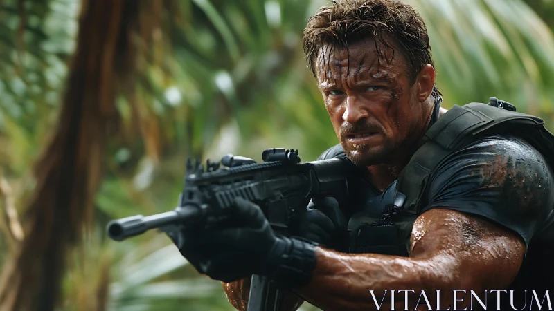Armed soldier aiming rifle in wet jungle environment.