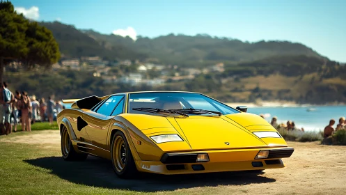 Golden classic supercar framed by coastal concours crowd.