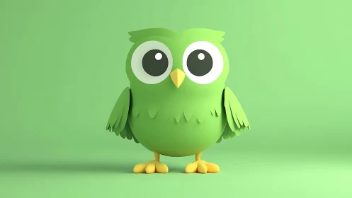 Minimalist green cartoon owl character on monochrome backdrop
